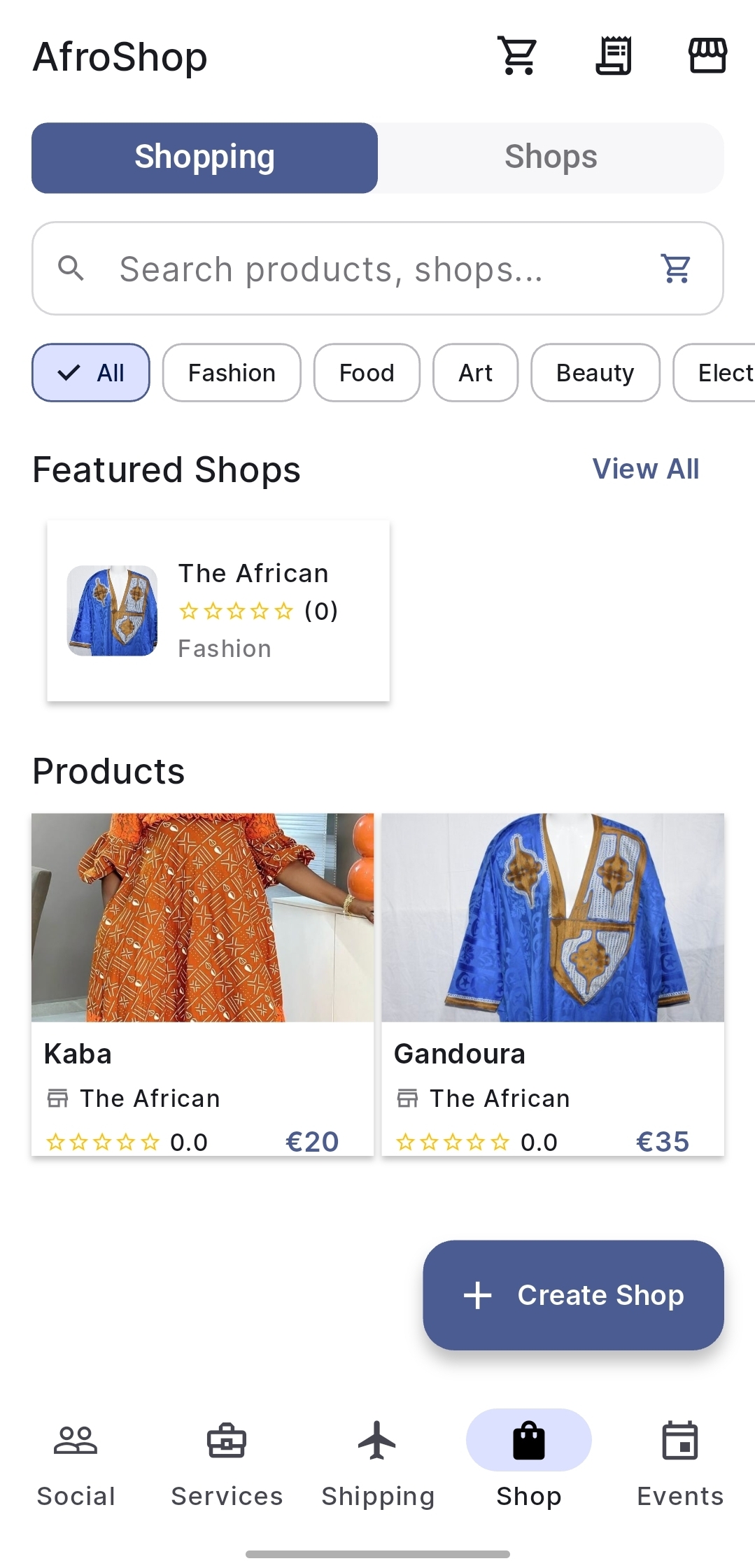 Afroshops marketplace on Medueti